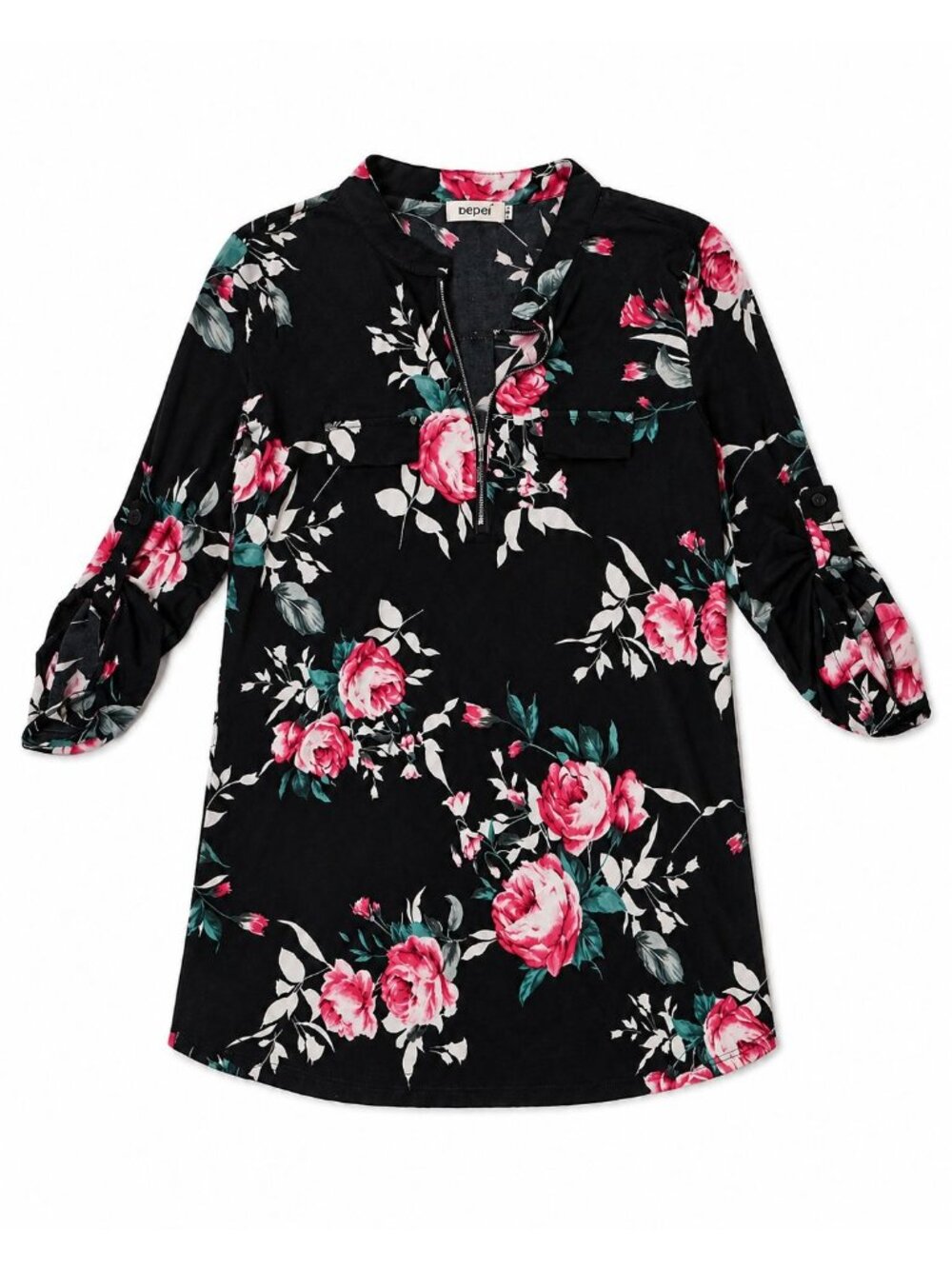 Women’s Black Floral Blouse Tunic Top Pink Rose Print Zip Neck Roll Tab Sleeve B